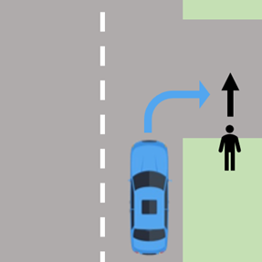 Auto slaat rechtsaf als een voetganger wil oversteken zonder zebrapad